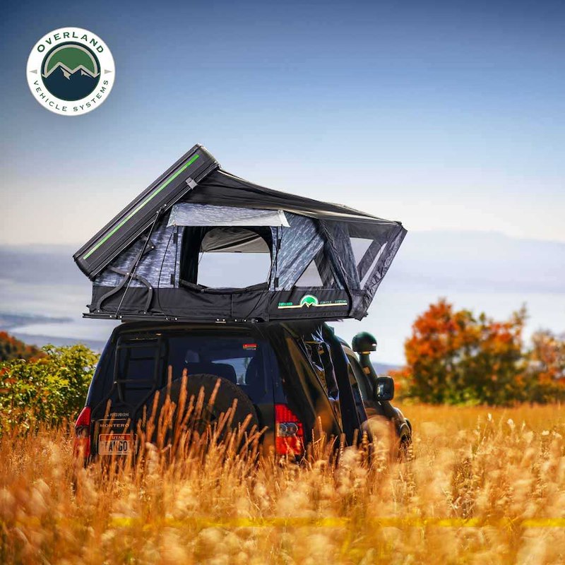 Overland Vehicle Systems 18489902 Tent; XD Everest; Car Top; 68 Inch x 104 Inch x 54 Inch; Sleeps 2 Adults; Black Aluminum Base With Rip Stop Poly Cotton Body; Hard Shell Fold Storage; With Screen Windows; With Rain Fly
