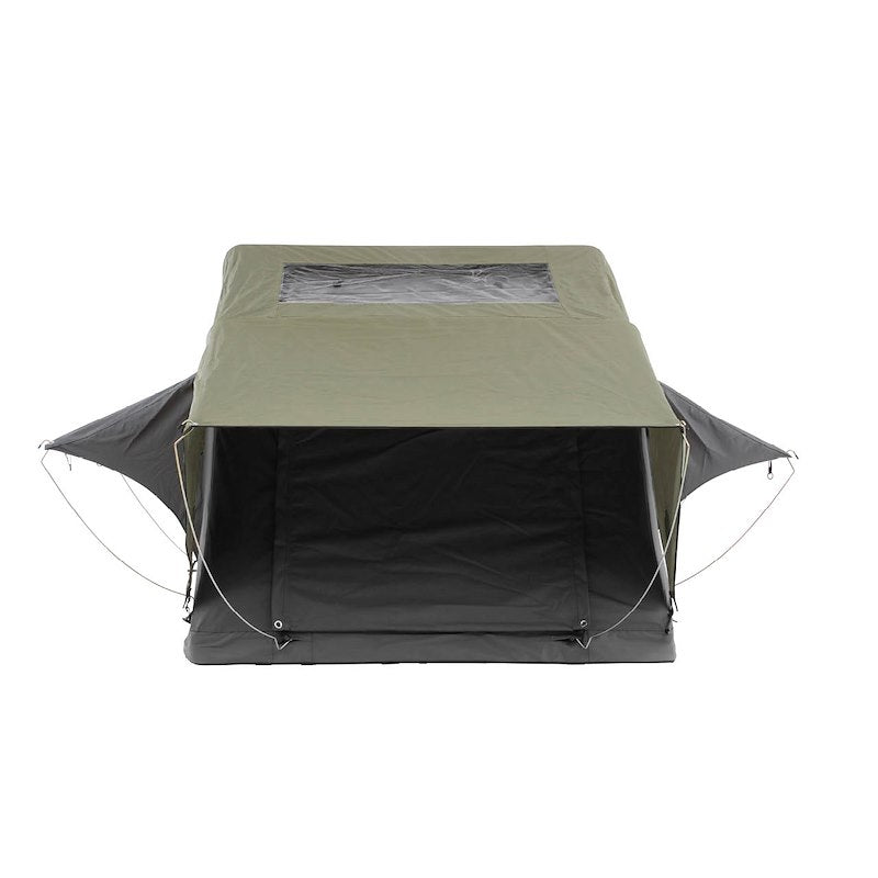 Overland Vehicle Systems Tent; Nomadic; Car Top; Gray; 122 Inch Length x 55 Inch Width x 51 Inch Height; Sleeps 2 Adults; Polyester Cotton Canvas; Soft Shell Fold Storage; With Windows; Gray Base With Green Rain Fly