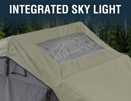 Overland Vehicle Systems Tent; Nomadic; Car Top; Gray; 122 Inch Length x 55 Inch Width x 51 Inch Height; Sleeps 2 Adults; Polyester Cotton Canvas; Soft Shell Fold Storage; With Windows; Gray Base With Green Rain Fly