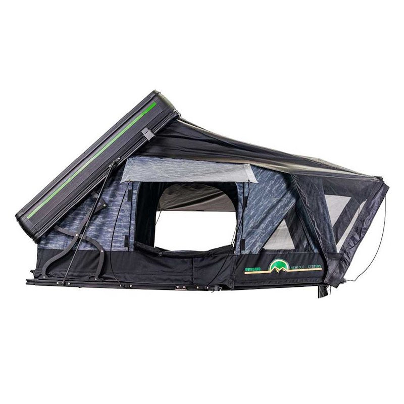 Overland Vehicle Systems 18489902 Tent; XD Everest; Car Top; 68 Inch x 104 Inch x 54 Inch; Sleeps 2 Adults; Black Aluminum Base With Rip Stop Poly Cotton Body; Hard Shell Fold Storage; With Screen Windows; With Rain Fly