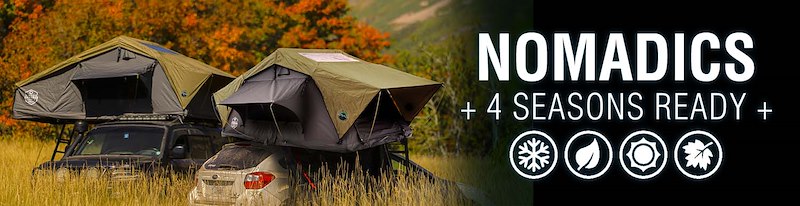 Overland Vehicle Systems Tent; Nomadic; Car Top; Gray; 122 Inch Length x 55 Inch Width x 51 Inch Height; Sleeps 2 Adults; Polyester Cotton Canvas; Soft Shell Fold Storage; With Windows; Gray Base With Green Rain Fly