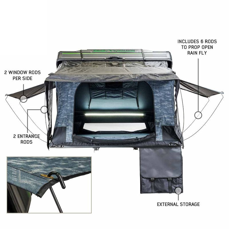 Overland Vehicle Systems 18489902 Tent; XD Everest; Car Top; 68 Inch x 104 Inch x 54 Inch; Sleeps 2 Adults; Black Aluminum Base With Rip Stop Poly Cotton Body; Hard Shell Fold Storage; With Screen Windows; With Rain Fly