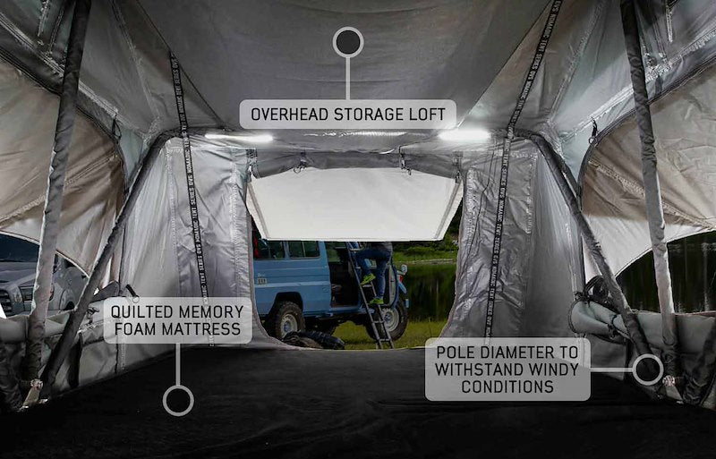 Overland Vehicle Systems Tent; Nomadic; Car Top; Gray; 122 Inch Length x 55 Inch Width x 51 Inch Height; Sleeps 2 Adults; Polyester Cotton Canvas; Soft Shell Fold Storage; With Windows; Gray Base With Green Rain Fly