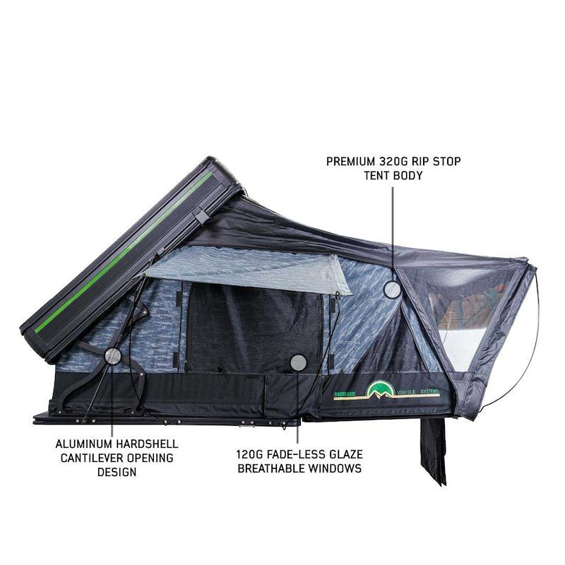 Overland Vehicle Systems 18489902 Tent; XD Everest; Car Top; 68 Inch x 104 Inch x 54 Inch; Sleeps 2 Adults; Black Aluminum Base With Rip Stop Poly Cotton Body; Hard Shell Fold Storage; With Screen Windows; With Rain Fly