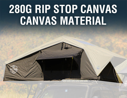 Overland Vehicle Systems Tent; Nomadic; Car Top; Gray; 122 Inch Length x 55 Inch Width x 51 Inch Height; Sleeps 2 Adults; Polyester Cotton Canvas; Soft Shell Fold Storage; With Windows; Gray Base With Green Rain Fly