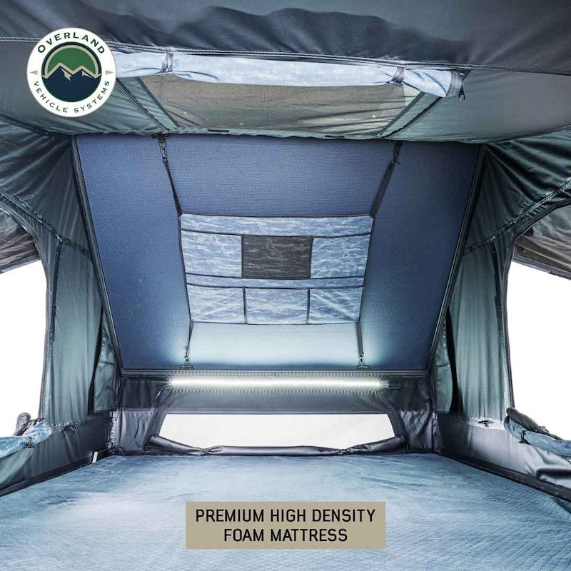 Overland Vehicle Systems 18489902 Tent; XD Everest; Car Top; 68 Inch x 104 Inch x 54 Inch; Sleeps 2 Adults; Black Aluminum Base With Rip Stop Poly Cotton Body; Hard Shell Fold Storage; With Screen Windows; With Rain Fly