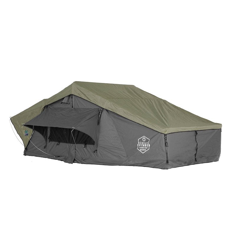 Overland Vehicle Systems Tent; Nomadic; Car Top; Gray; 122 Inch Length x 55 Inch Width x 51 Inch Height; Sleeps 2 Adults; Polyester Cotton Canvas; Soft Shell Fold Storage; With Windows; Gray Base With Green Rain Fly