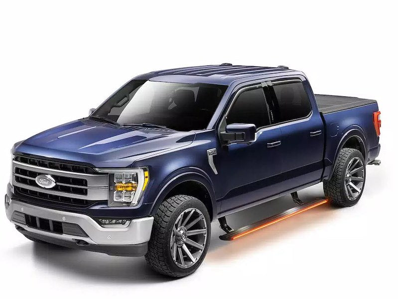 Amp Research Vision Power Running Boards 96255-01A PowerStep™ Vision; Textured Powder Coated; Matte Black; Cast Aluminum; With Remote Operated LED Light System; Rocker Panel Mount; 600 Pound Load Capacity