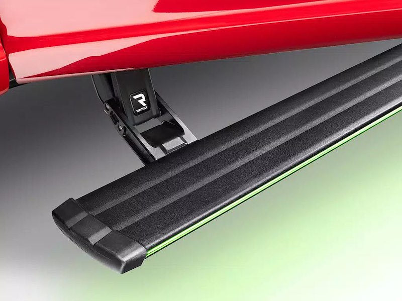 Amp Research Vision Power Running Boards 96255-01A PowerStep™ Vision; Textured Powder Coated; Matte Black; Cast Aluminum; With Remote Operated LED Light System; Rocker Panel Mount; 600 Pound Load Capacity