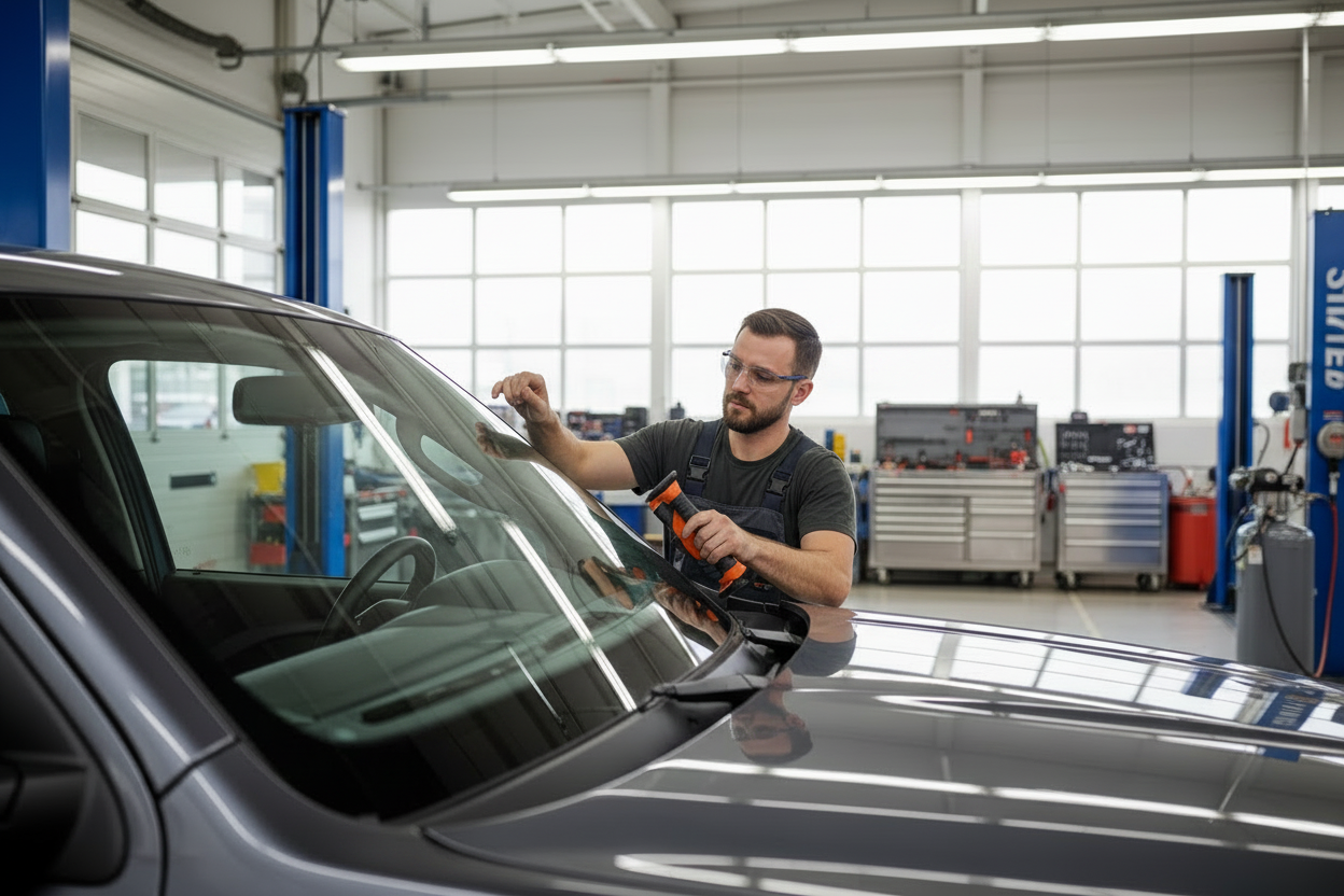 Windshield Installation - Clean Shop Background